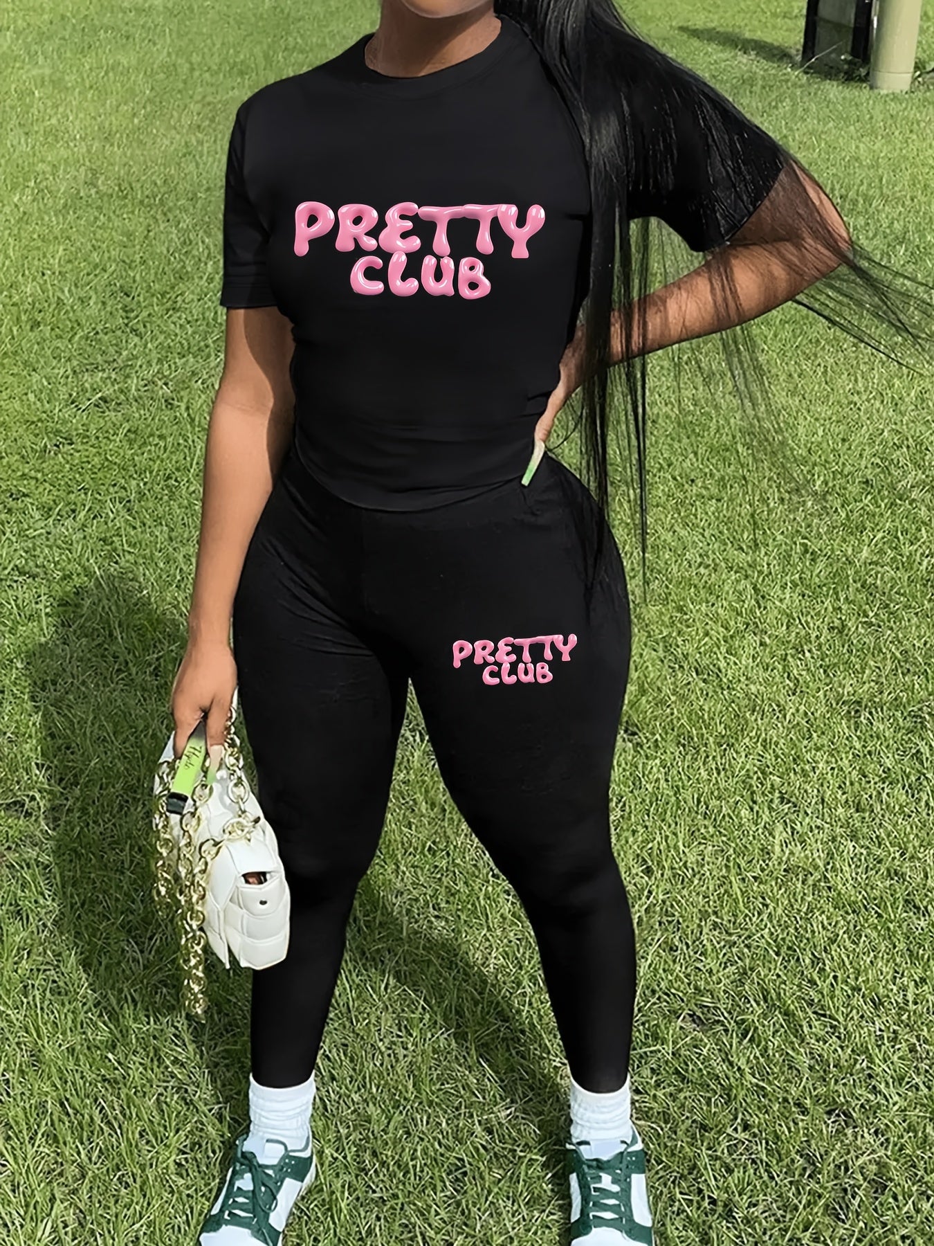 Pretty Club Women's Casual Two Piece Set with Alphabet Print - Crew Neck Short Sleeve Top and Long Pants - Polyester Knit Fabric, 92% Polyester 8% Elastane - For Women - Suitable for Spring, Summer, Autumn, Winter - Perfect f